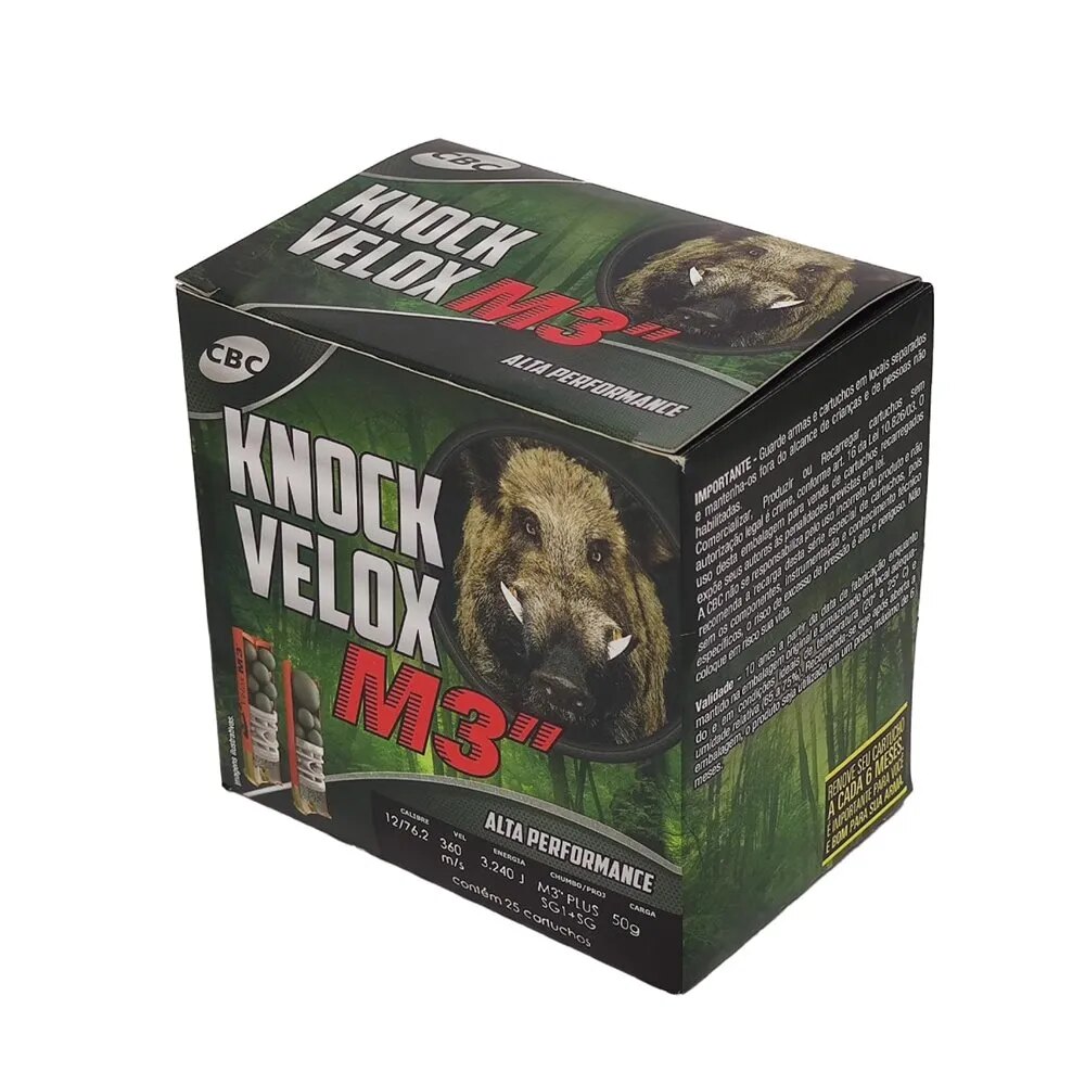 Cartucho CBC 12 GA Câmara 76,2mm Knock Velox M3 Plus Chumbo SG1 + SG 50g Caixa 25un — foto 1 de 3