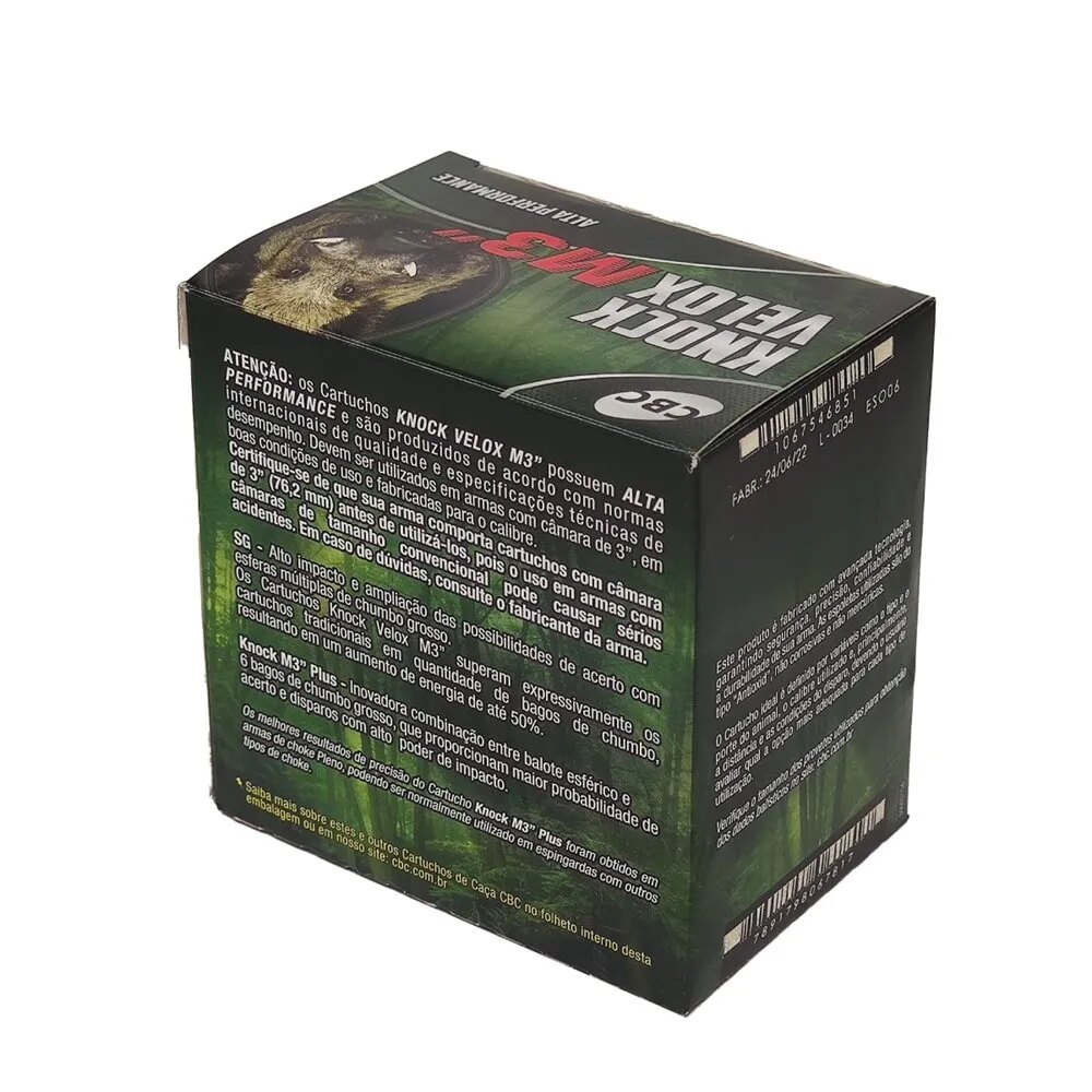 Cartucho CBC 12 GA Câmara 76,2mm Knock Velox M3 Plus Chumbo SG1 + SG 50g Caixa 25un — foto 2 de 3